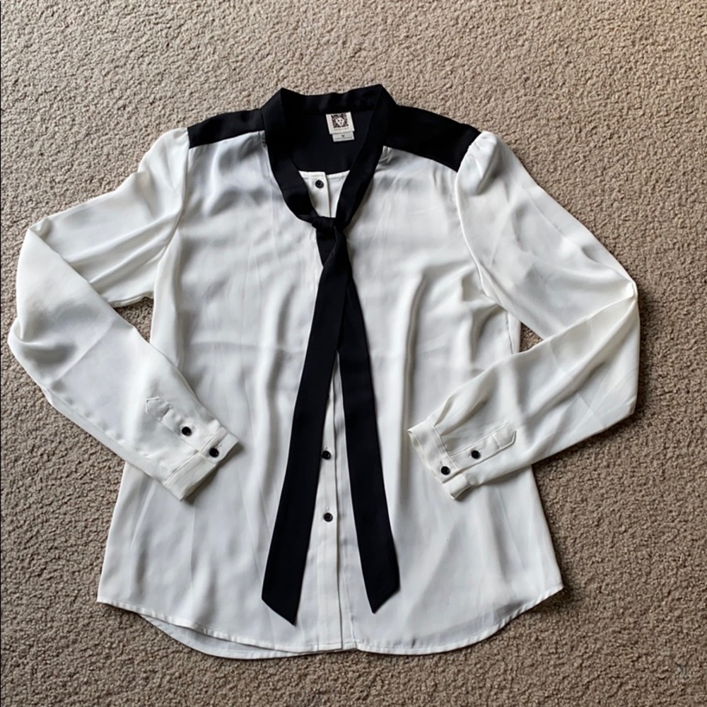 Anne Klein Long Sleeve Black Tie Blouse